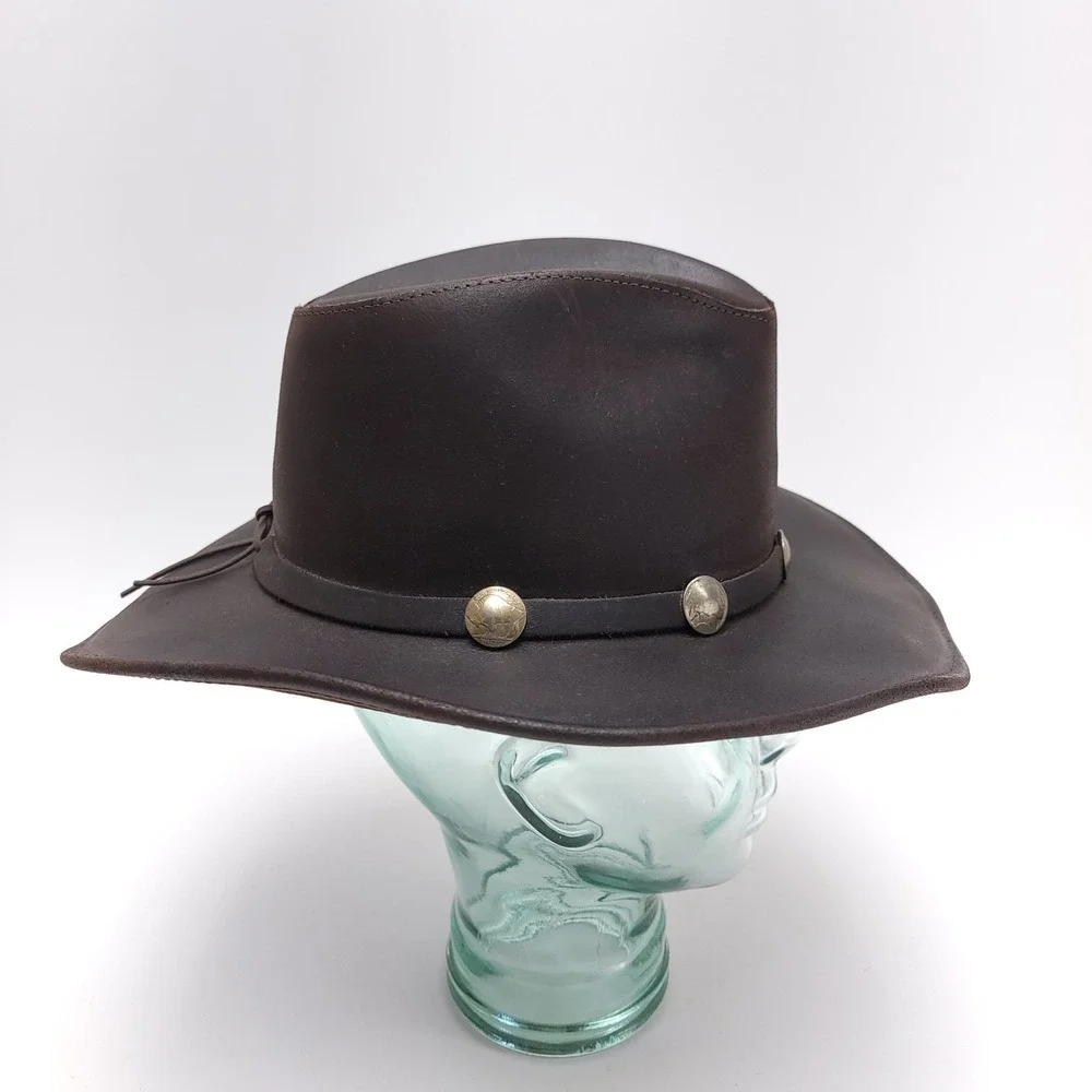 Henschel Hat Co. Brown Leather Western Buffalo Nickel Coin Banded Hat‎ Sz M